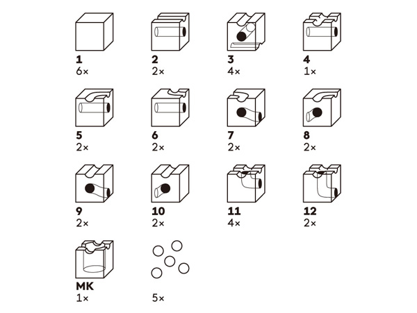 キュボロスタンダードのパーツ表です。13種類54ピースの構成を画像で紹介しています。