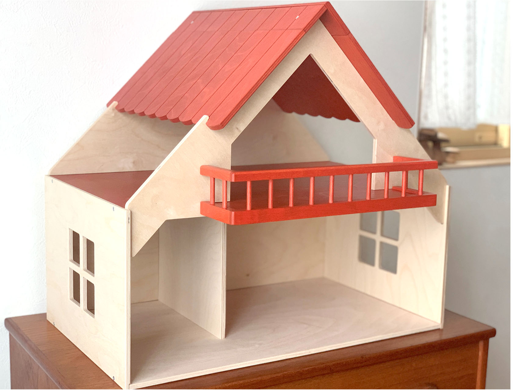 木のおもちゃ カルテット / ドールハウス用バルコニー付きの家 赤|リュルケ社(ドイツ)